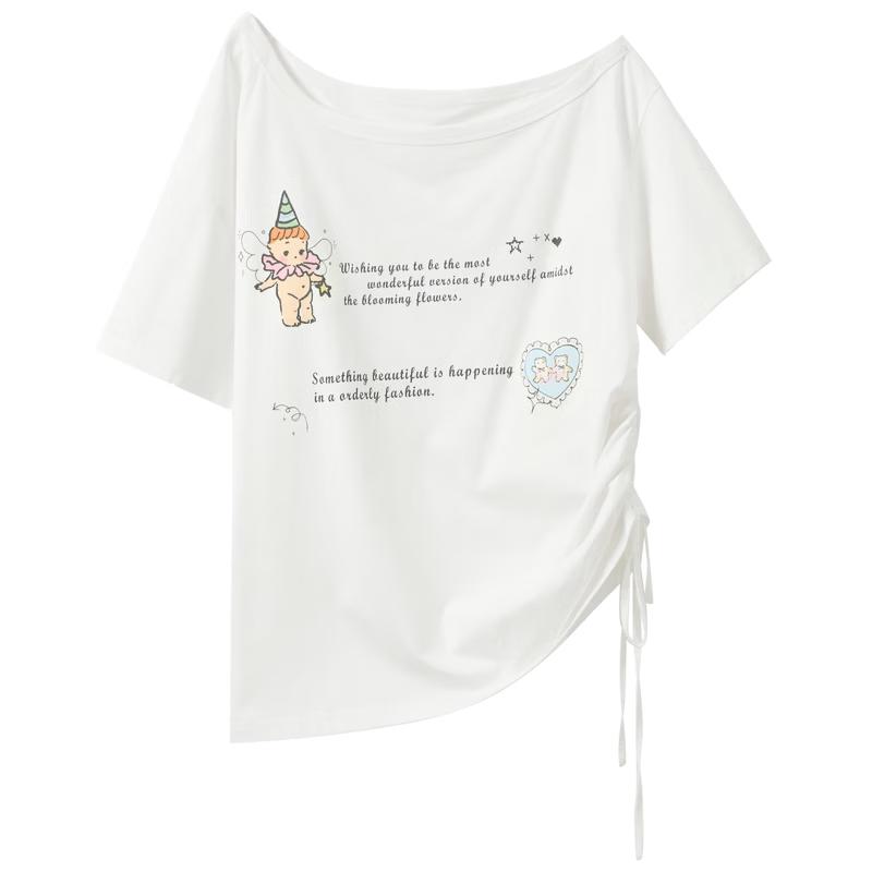 Sancai Off-Shoulder Letter Print T-Shirt S