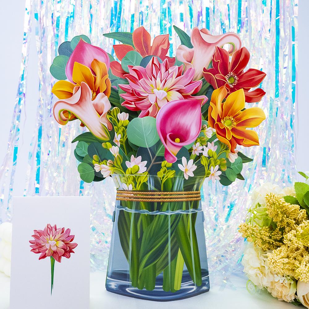 Premium 3D Pop Up Flower Bouquet Card Mothers Day Present Valentines Day Anniversary Birthday Greeting Cards Thank You Wishes Gifts