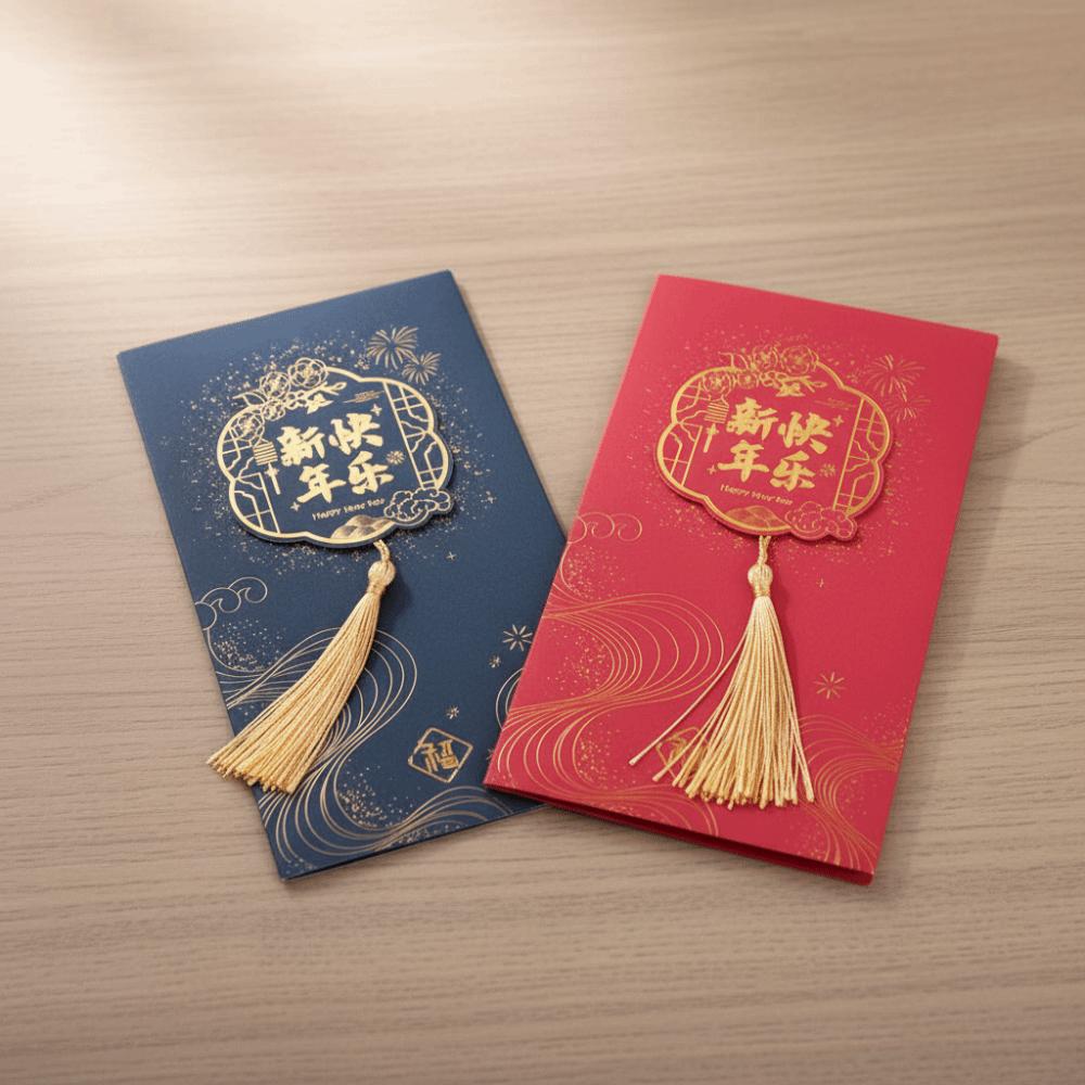 Hot Stamping Chinese New Year Greeting Card Chinese Style with Tassel Party Invitation Cards Rectangular