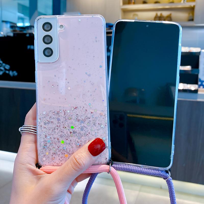 Glitter Phone Case For Samsung Galaxy A14 A36 A33 A53 A73 A52 A54 A56 A34 A16 A15 A55 S25 Cover Crossbody Necklace Lanyard Strap