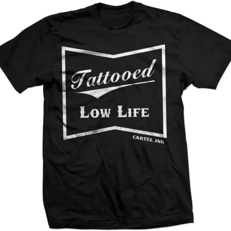 Men s Streetwear T-Shirt, Casual Tattooed Low Life Graphic Print Cotton Top with Round Neck and Short Sleeves M