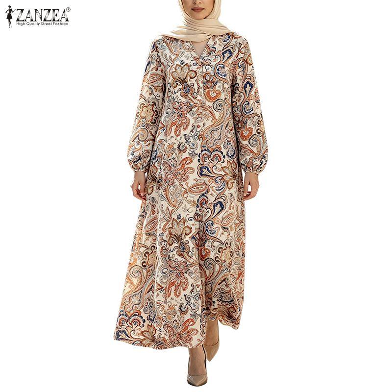 ZANZEA Abito Musulmano da Donna a Manica Lunga, Collo a V, Vestibilità Larga, Casual, con Stampa Etnica