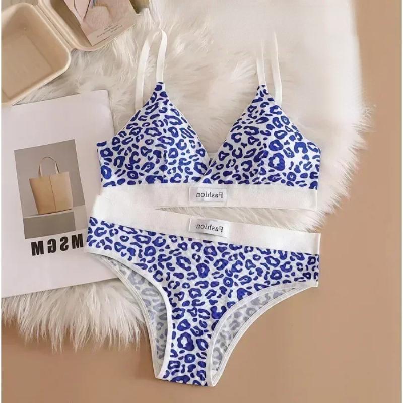 Damen Nahtloses BH-Set Slips Tiefer Bund Leopard Bralette Lingerie-Set V-Ausschnitt Sport-BH Baumwolle Sexy Unterwäsche-Set