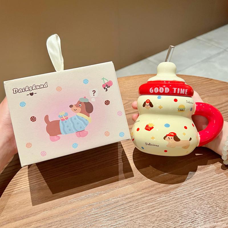 Niedlicher hochwertiger Wurstwelpen-Keramikbecher mit Deckel, Mädchen-Trinkhalmbecher, Geburtstagsgeschenk, Souvenir, Geschenkbox
