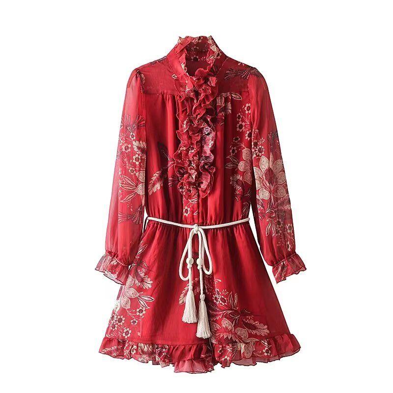 

Kaslead New Arrival Women s Clothing Fashion Style Fashion Minimalist Tether Print Long Sleeves Dress Red L