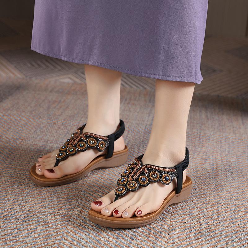 2024 Summer New Bohemian Style Pinch Foot Beaded Rhinestone Buckle Elastic Heel Rubber Band Women's Shoes SKT