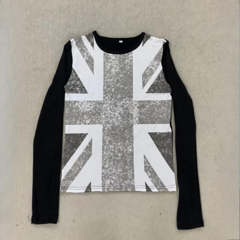 

Y2K Весна и Осень Круглый Вырез Топ с Принтом Рисовых Иероглифов на Передней Части Плеча Стройнящий S чёрный