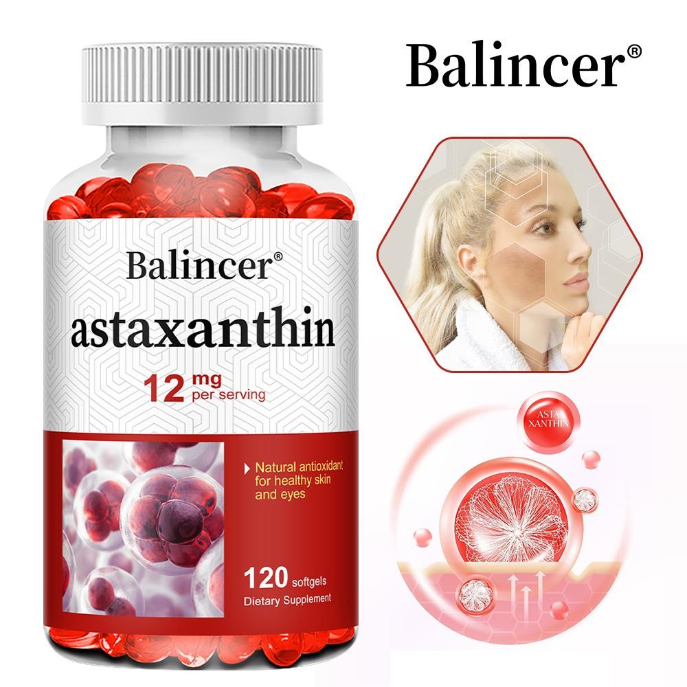 Balincer Astaxanthin Supplement 12mg Per Serving, Natural Astaxanthin from Haematococcus Pluvialis Microalgae, with Sunflower Seed Oil, 120 Caps