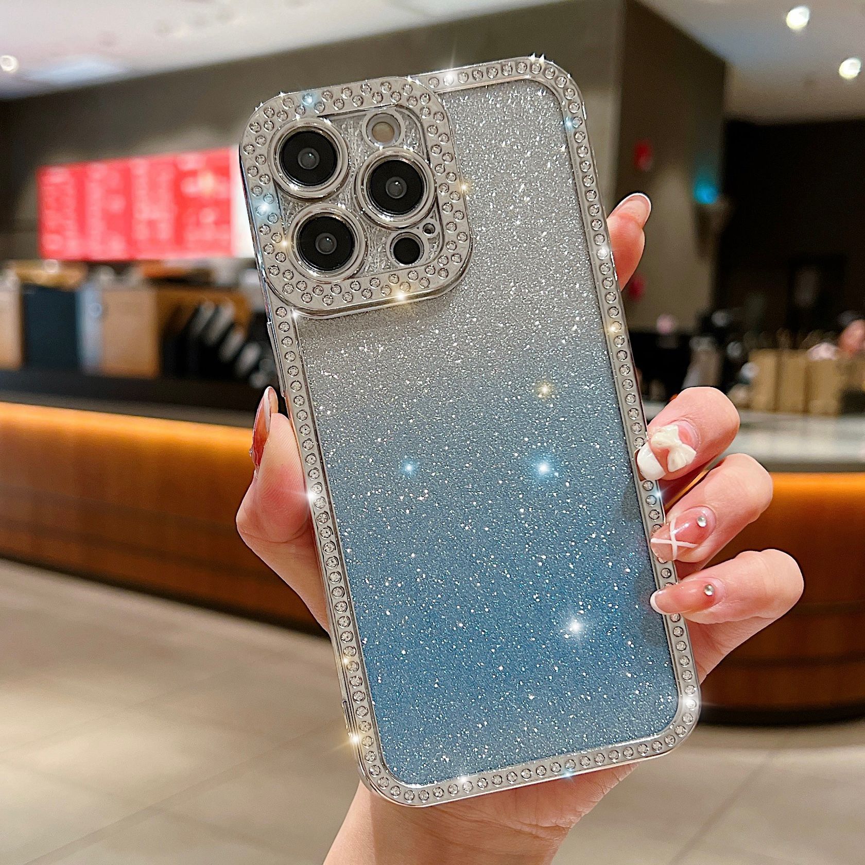 For iPhone 16 Pro Case Glitter Phone Case Rhinestone Decor Electroplating Protective Cover A