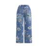 Vintage Floral Jeans for Women, Mid Rise Barrel Wide Leg Jeans, Retro Casual Stretchy Denim Pants with Pockets