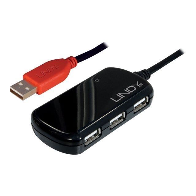 Rallonge active USB 2.0 - LINDY - Pro 12m - Hub 4 ports - Couleur Noir - Alimentation 5V 2A