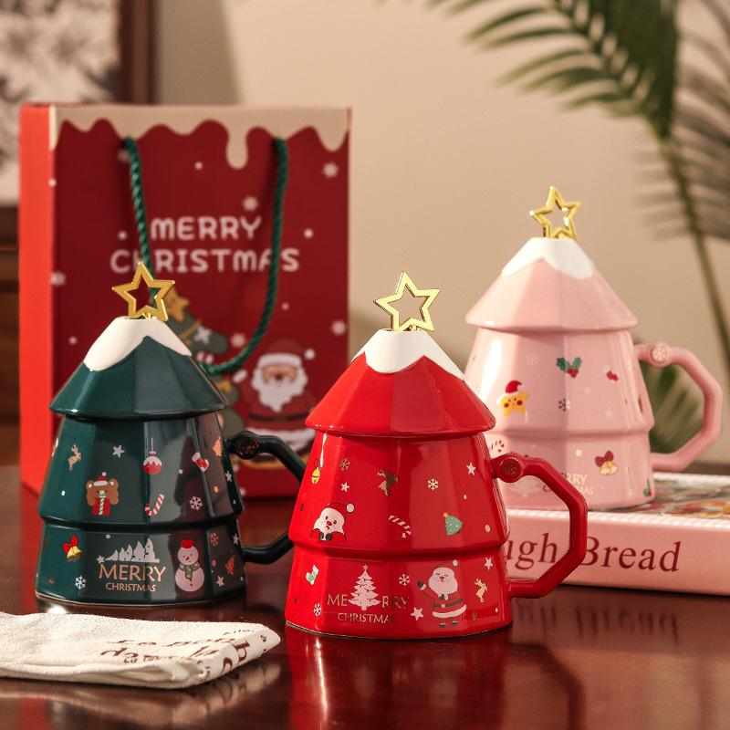 Kreative Weihnachtsbaum-Tasse Keramiktasse mit Deckel Mädchen Hochwertiges Weihnachtsgeschenk Büro-Kaffeetasse