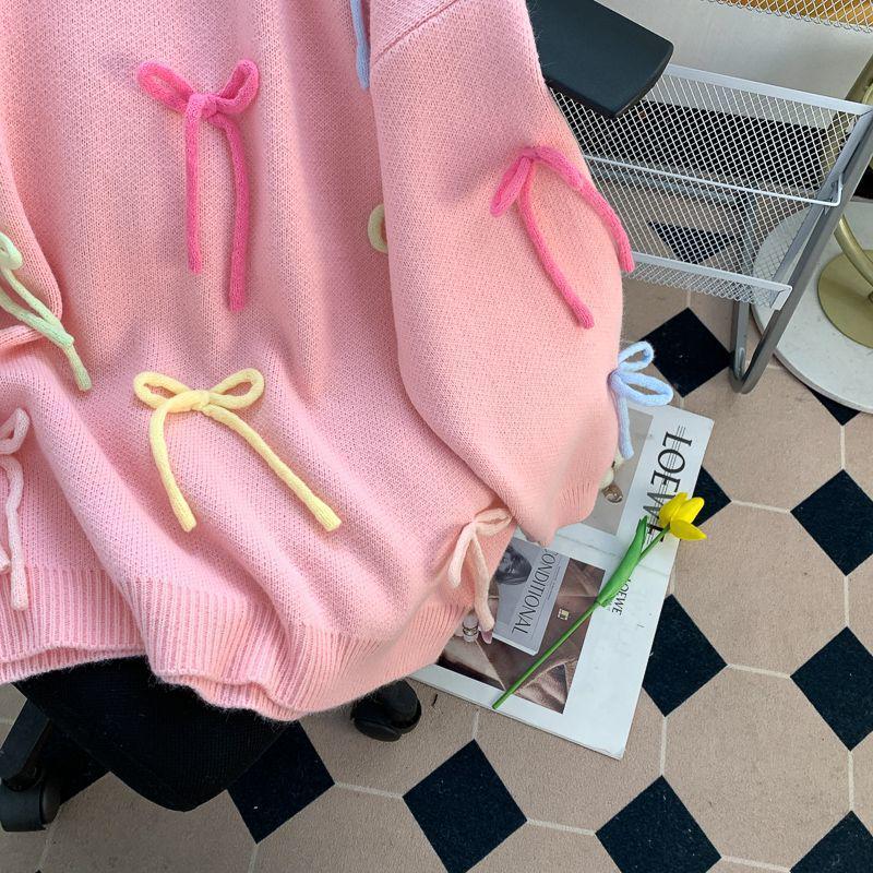 Women's 2024 Pink Bow Relaxed Sweater - New Autumn/Winter Loose Knit Top