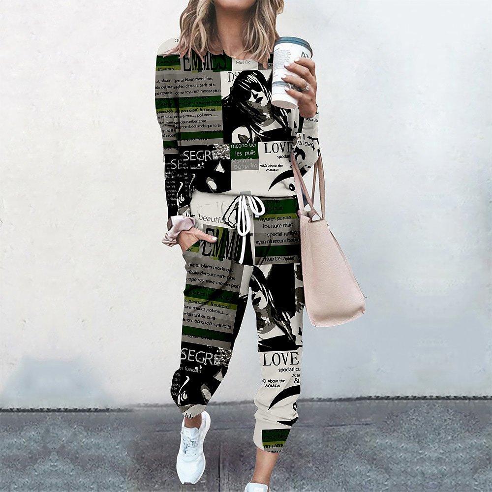 High-End Fashion Sports Sweater Set Women'S Autumn Loose Casual Long-Sleeved Printed Top Bundle Leg Pants Two-Piece Set