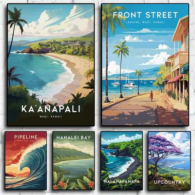 Hawaii Lahaina Vintage Travel Mountain Beach Landscape Poster Canvas Painting Wall Art Picture Modern Room Home Decor Cuadros