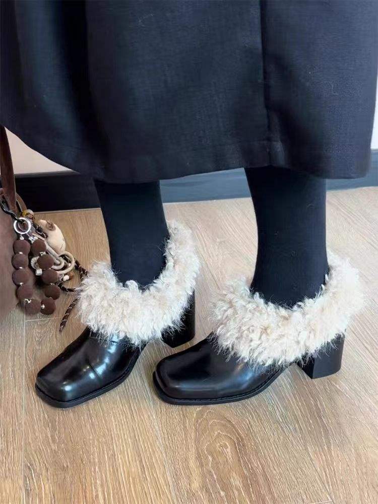 Cowhide version~ Square head fluffy shoes with fleece to keep warm retro Mary Jane small leather shoes thick heel single shoes temperament high heels