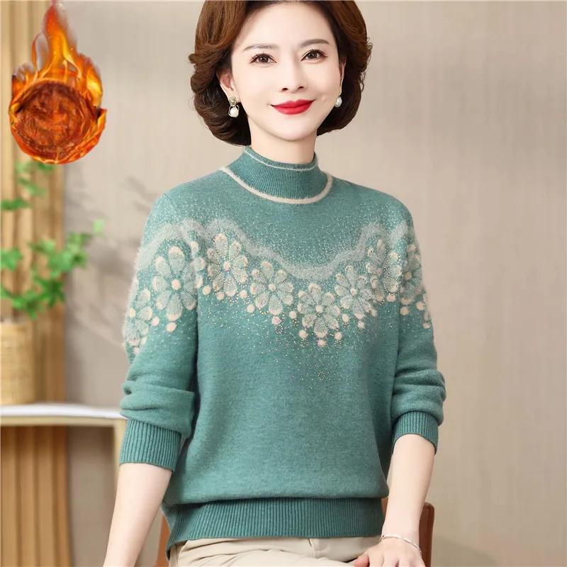 Women Winter Sweater High End Fashion Plush Tnicken Warm Knitted Pullover Middle-aged Women Elegant Jumper Femme Knitwear