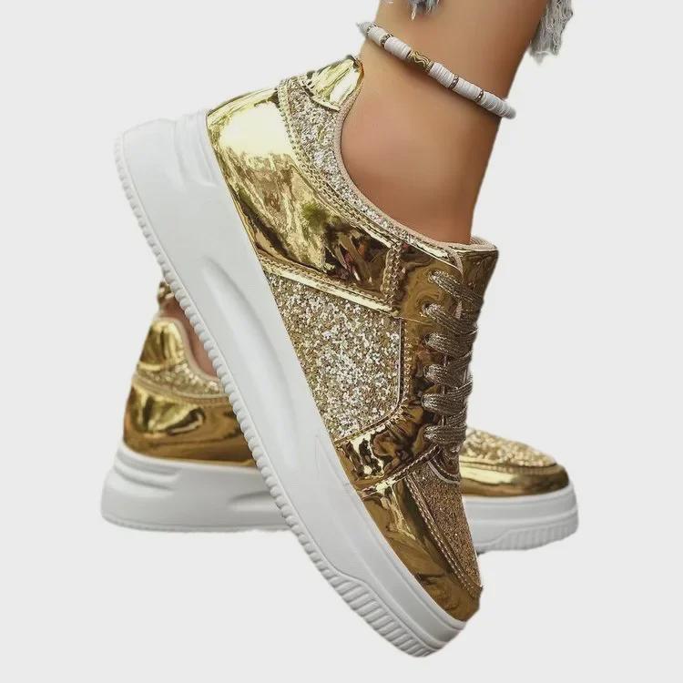 Damen Pailletten Freizeitschuhe mit Kreuzriemen 2024 - Große Größe, Dicksohlig, Modisches Frühling & Herbst Schuhwerk