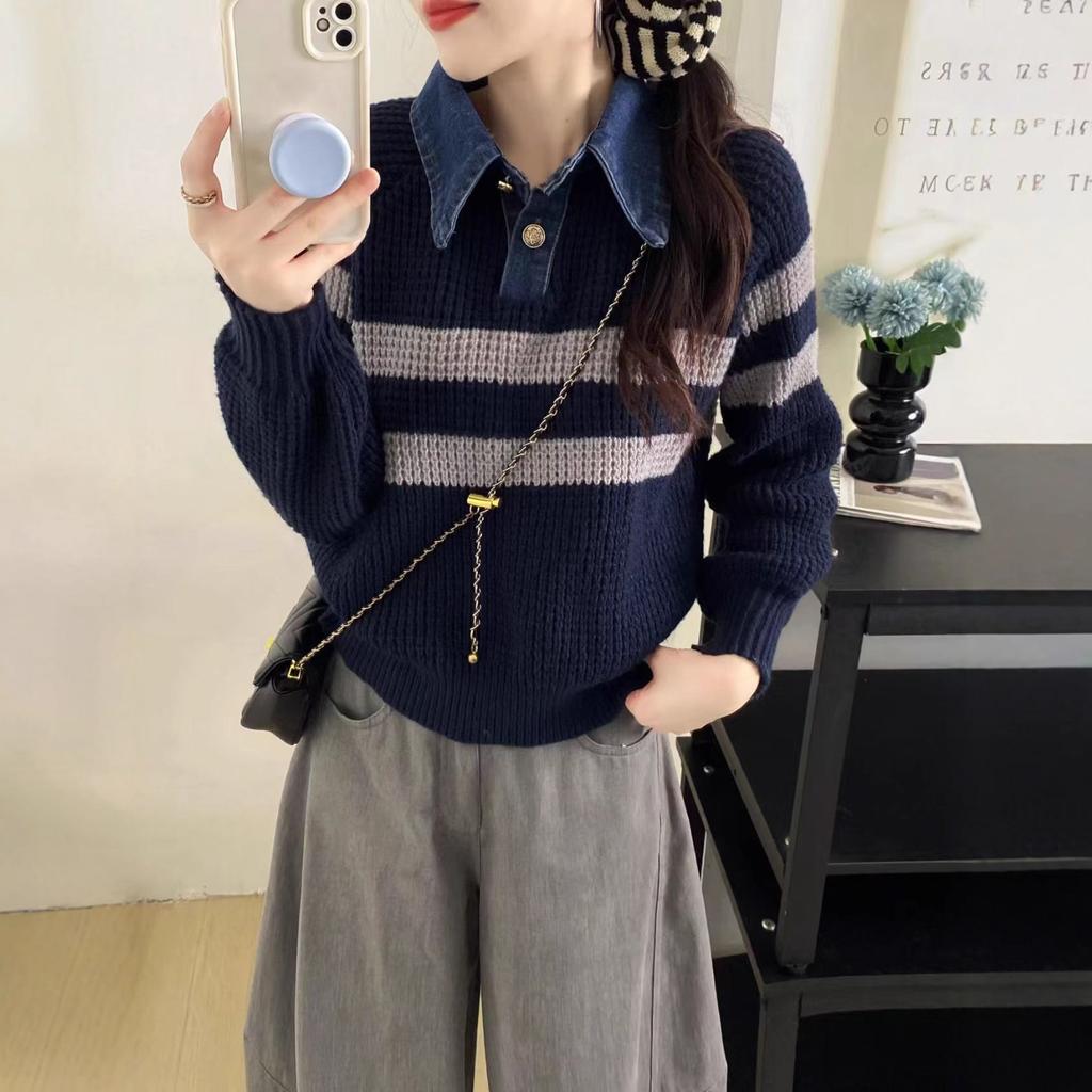 Japan and South Korea holiday two pieces of autumn and winter new denim neck knitted sweater women's loose striped thin bottoming shirt top