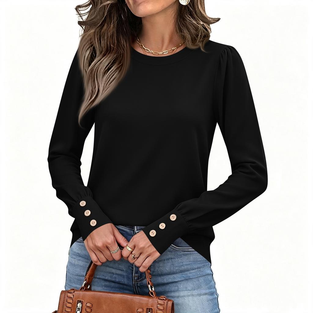 Camicetta Casual da Donna a Maniche Lunghe con Bottoni e Scollo Rotondo in Colore