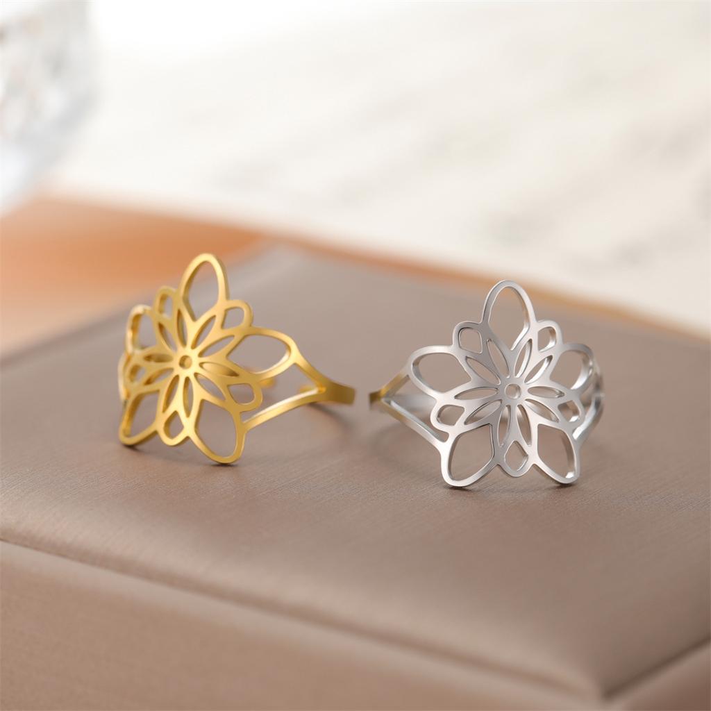  Hollow Flower of Life Ring Stainless Steel Fashion Geometric Floral Adjustable Open Ring Classic Good Lucky Jewelry Gift
