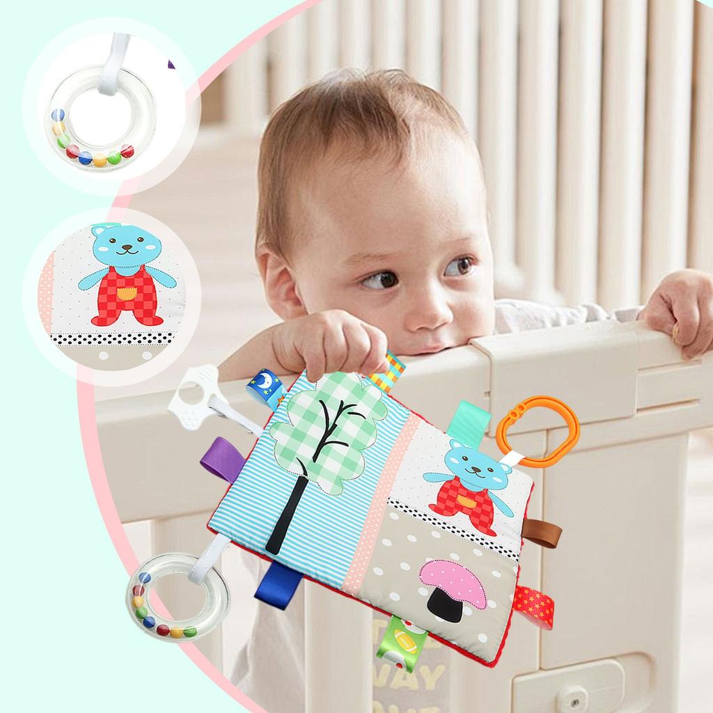 Baby Cartoon Label Comfort Towel, Soft Hanging Ring With Rattle Teether