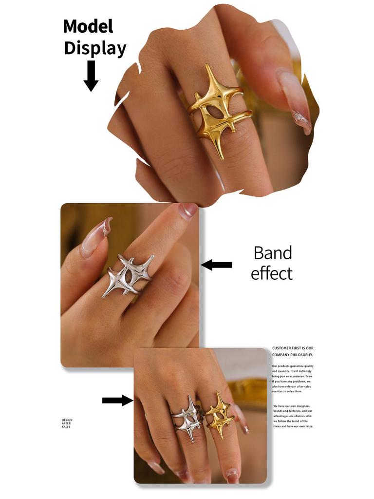 18K Gold-Plated Geometric Star Cross Open Ring - Titanium Steel Jewelry