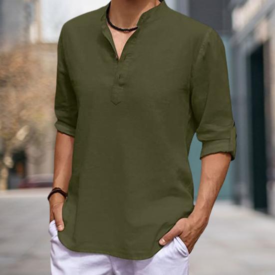 Men Shirt Solid Color Adjustable Sleeve Pullover Stand Collar Long Sleeve Summer Top Daily Garment