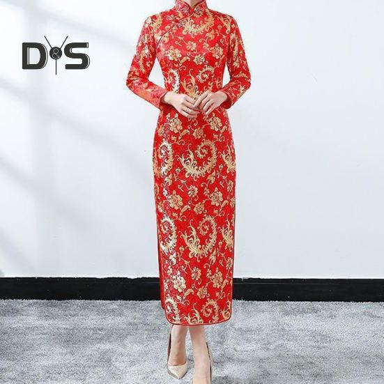 

Женское Cheongsam, элегантное длинное Cheongsam с высоким разрезом, классическое женское платье в китайском стиле для свадебных вечеринок