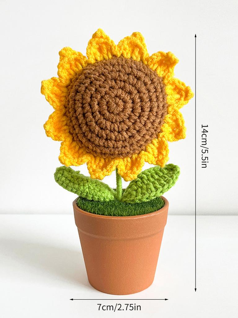 Hand-Knitted Sunflower Wool Flower Pot Plant Ornament Woven Flower Teacher's Day Potted Small Gift Artificial Flower
