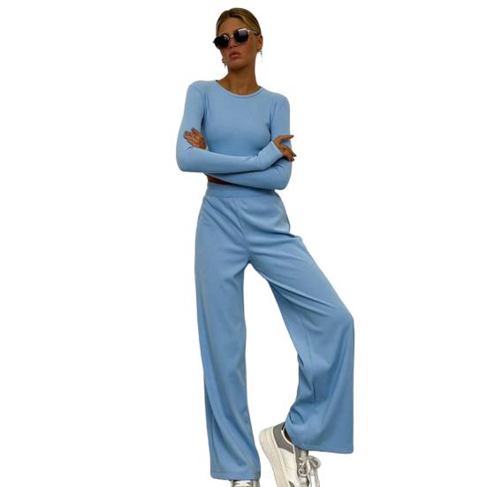 Women 2 Piece Lounge Set Long Sleeve Cropped Pullover Top Wide Leg Pants Set Fall Crewneck Tracksuit Casual Outfits