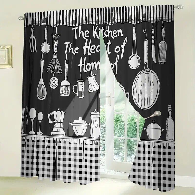 Fashionable black and white kitchen pattern printed curtains, window decoration, home decoration, room decoration