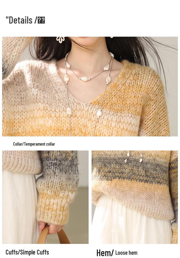 Retro V-neck Knit Pullover Sweater - High-end, Relaxed Fit for Petite Sizes