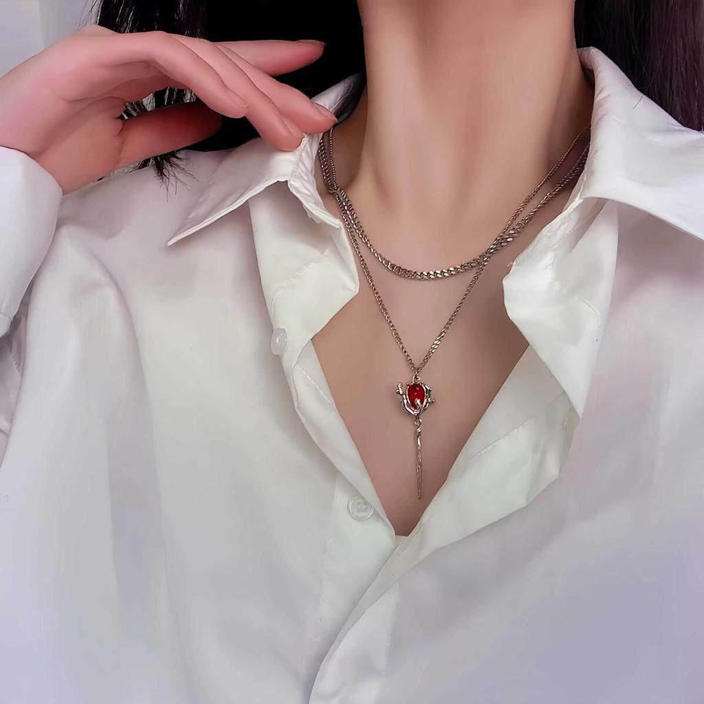 Double Layers Red Rose Pendant Necklace Layered Flower Stone Chain Necklaces Irregular Floral Girls Necklace