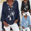 Europees-Amerikaans Herfst Winter Paardenbloem V-hals Katoen Linnen Lange Mouw Damesblouse
