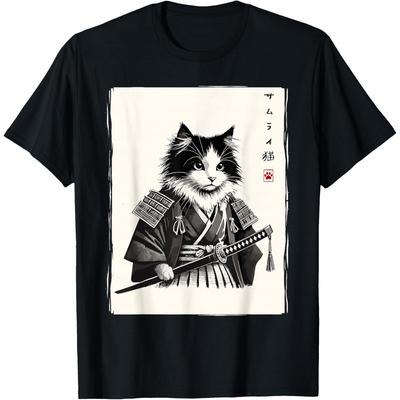 Samurai Cat Graphic Tee Japanese Warrior Print Men Women Unisex T-Shirt