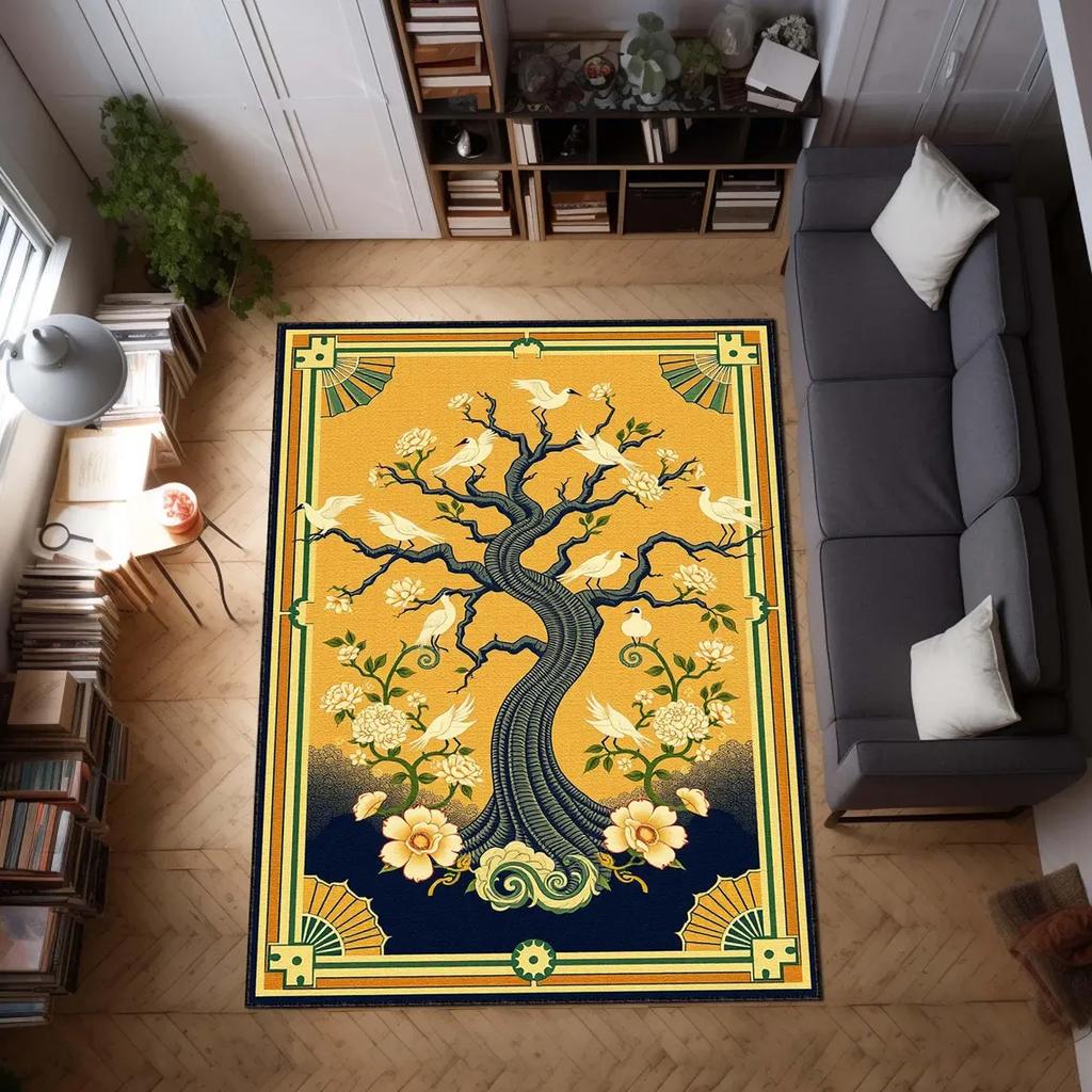 Tree of Life Rug Vintage Art Deco Area Carpet with Birds, Boho Nature Decor Carpet Spiritual Floor Rug, Sacred Symbol Floor Mat