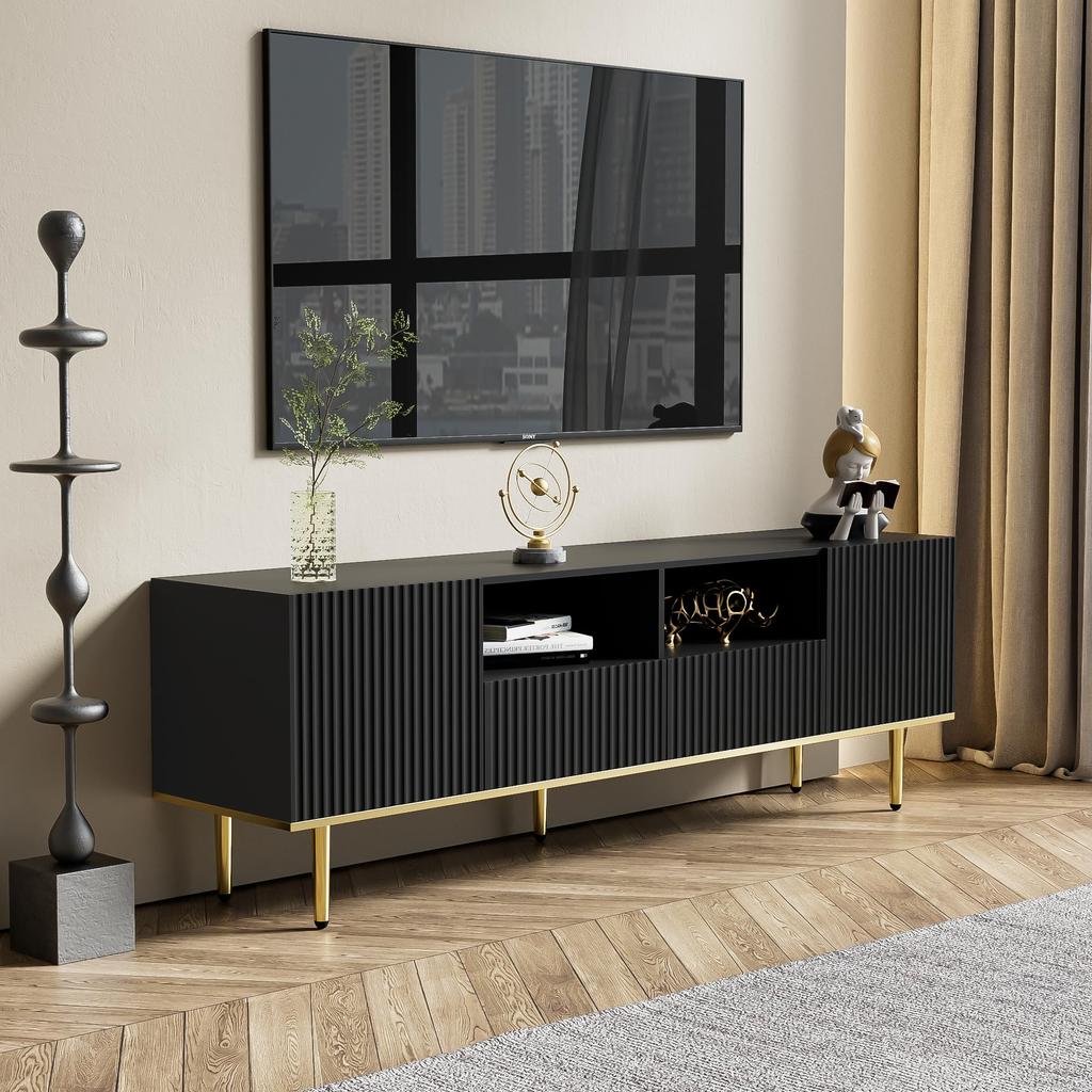 TV-Schrank, modernes TV-Möbel mit goldenen Beinen und Zierleisten, 2 Schubladen & 2 Fächer, elegantes Design