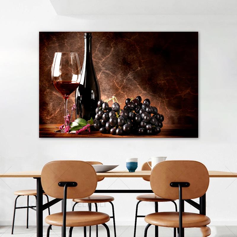 Wine Glass Bottle Posters and Prints Canvas Painting Wall Art Pictures for Dining Room Home Decor Grapes Wooden Barrel Cuadros