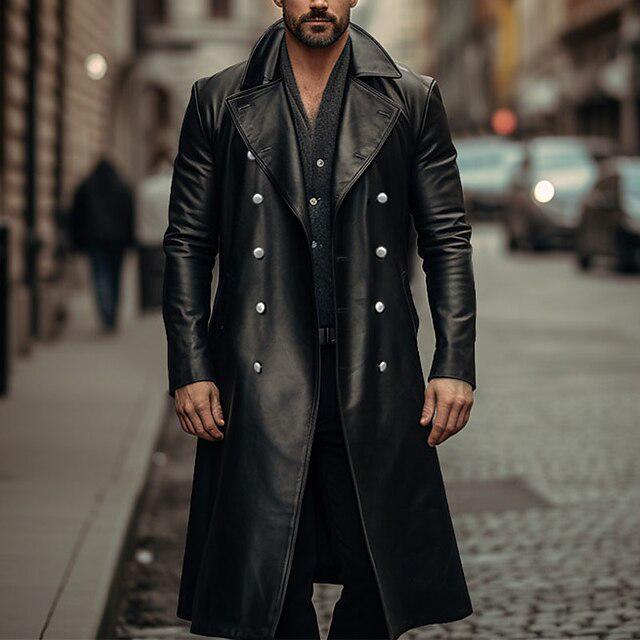 Men's Plus Size Double-Breasted Leather Trench Coat - German Military Style for Autumn/Winter