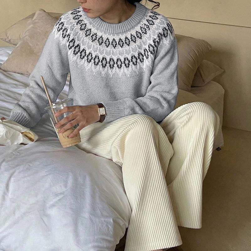 2026 Retro Ethnic Style Fair Isle Knit Sweater – Women's Loose Long Sleeve Round Neck