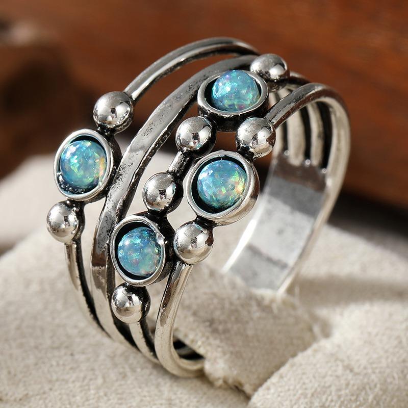 Vintage Inlaid Imitation Blue Opal Women's Ring Ethnic CopperColor Geometry Daily Wear Party Jewelry Anniversary Gift