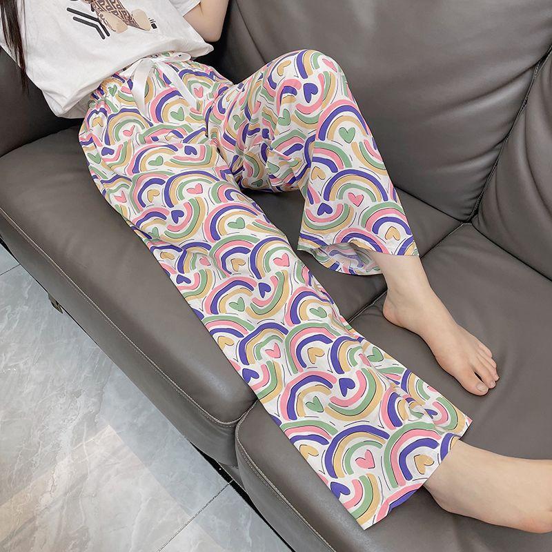 Summer Women's Cotton Rayon Ankle-Length Lounge Pants Thin Loose Fit AC Homewear with Elastic Waist