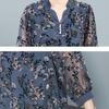 Vintage Elegant Printed Chic Hollow Out Chiffon Midi Blouse Female Clothing Spring Summer 3/4 Sleeve Casual Button V-Neck Shirt