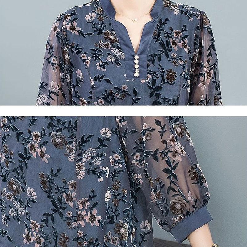 Vintage Elegant Printed Chic Hollow Out Chiffon Midi Blouse Female Clothing Spring Summer 3/4 Sleeve Casual Button V-Neck Shirt