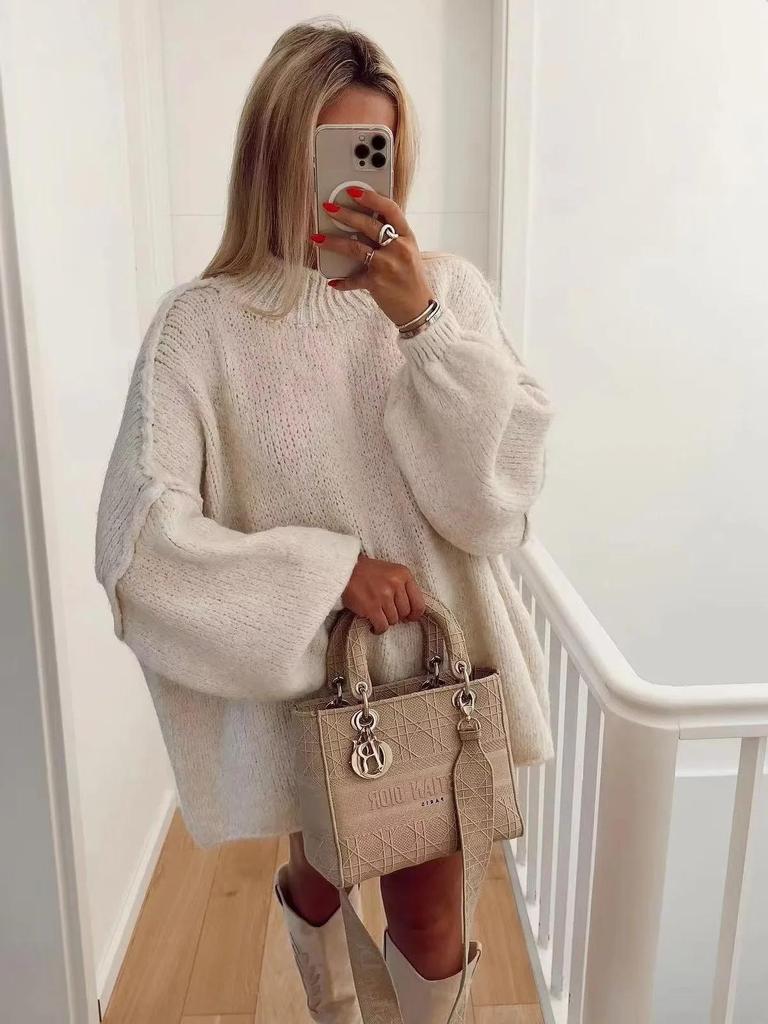 Women's European & American Street Fashion Multi-color Semi-high Neck Knitted Sweater Coat
