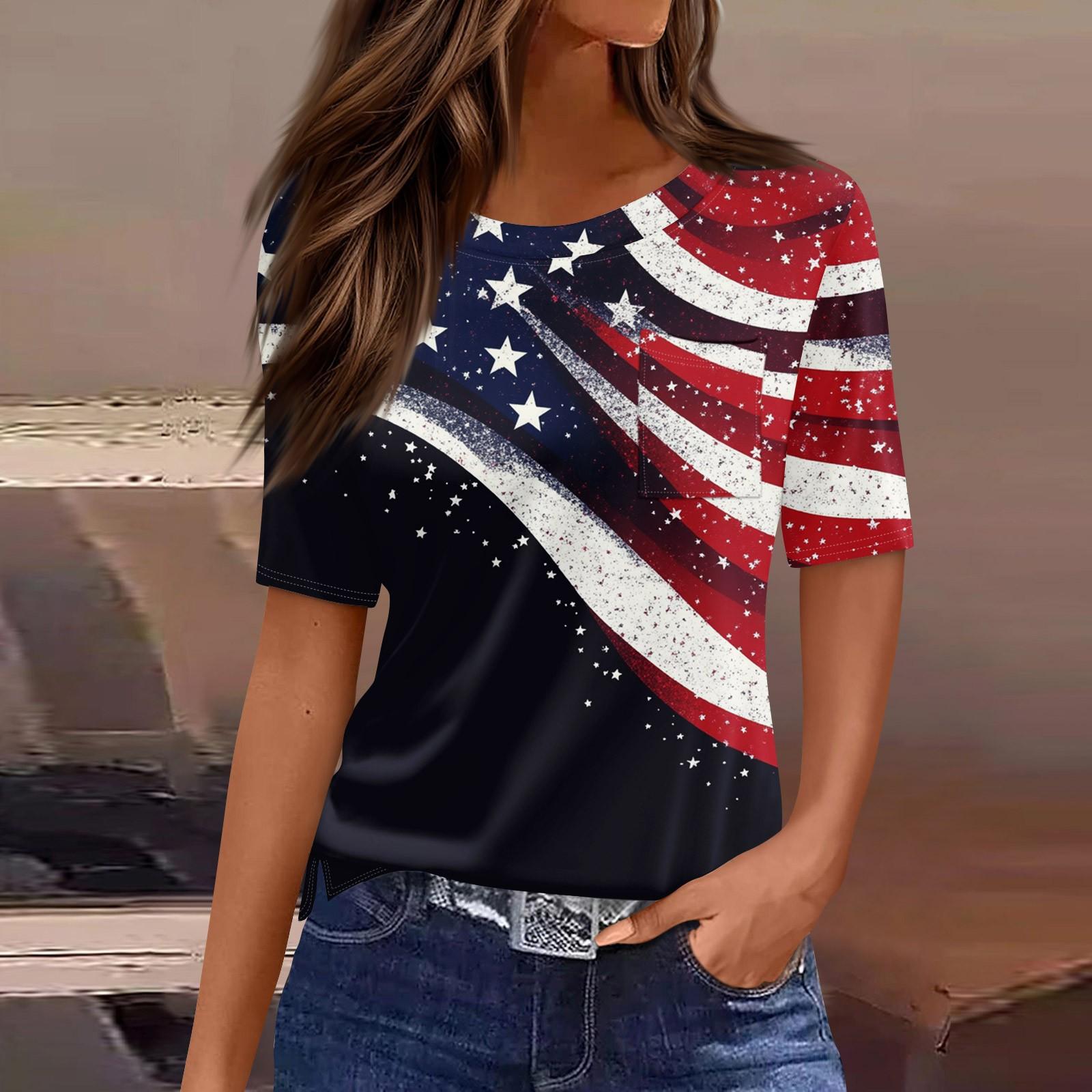 

Women s Round Neck Pocket Independence Day Print Short Sleeve T-Shirt Top XXL