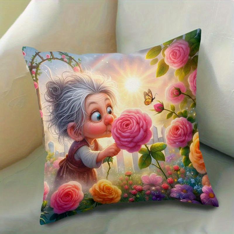 pc D Flat (Pillow Not Included) Old Woman Smelling Rose Garden Cushion Cover Short Plush Whimsical Art Pillow Case Home Decor