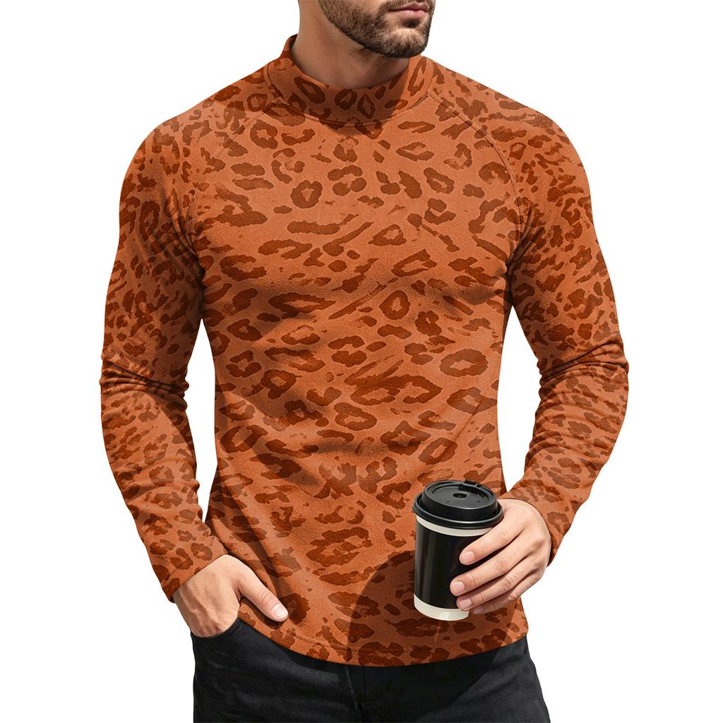 Men's Leopard Print Thermal Base Layer Shirt Long Sleeve Neck Undershirt Top for Fall and Winter