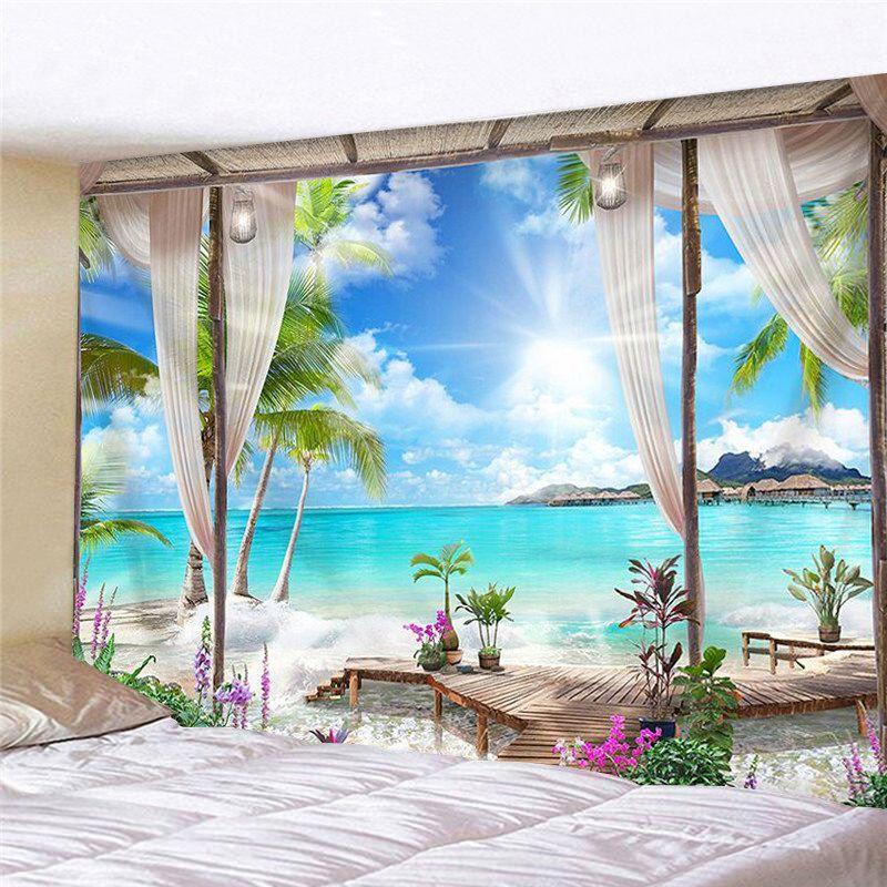 Seaside Resort Wall Tapestry Bright Sky Ocean Palm Flower Print Wall Hanging Summer Vacation Dorm Decor Cloth